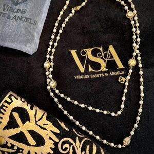 Virgin Saints and Angels, 4mm, 18k gold-plated, cream/pearl, Wrap Necklace